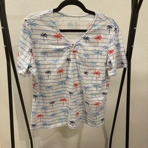 Coral Bay Palm Tree Striped Tee - Red, Blue, Black on White